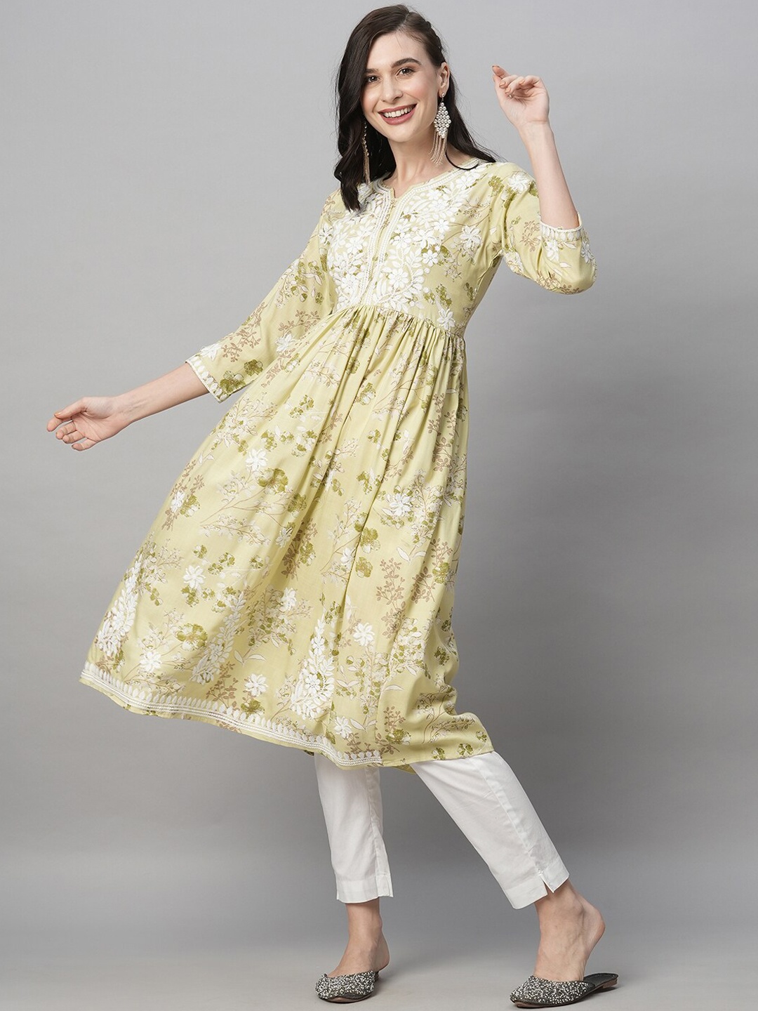 

RATAN Round Neck Floral Printed Embroidered Yoke Design Thread Work Anarkali Kurta, Green
