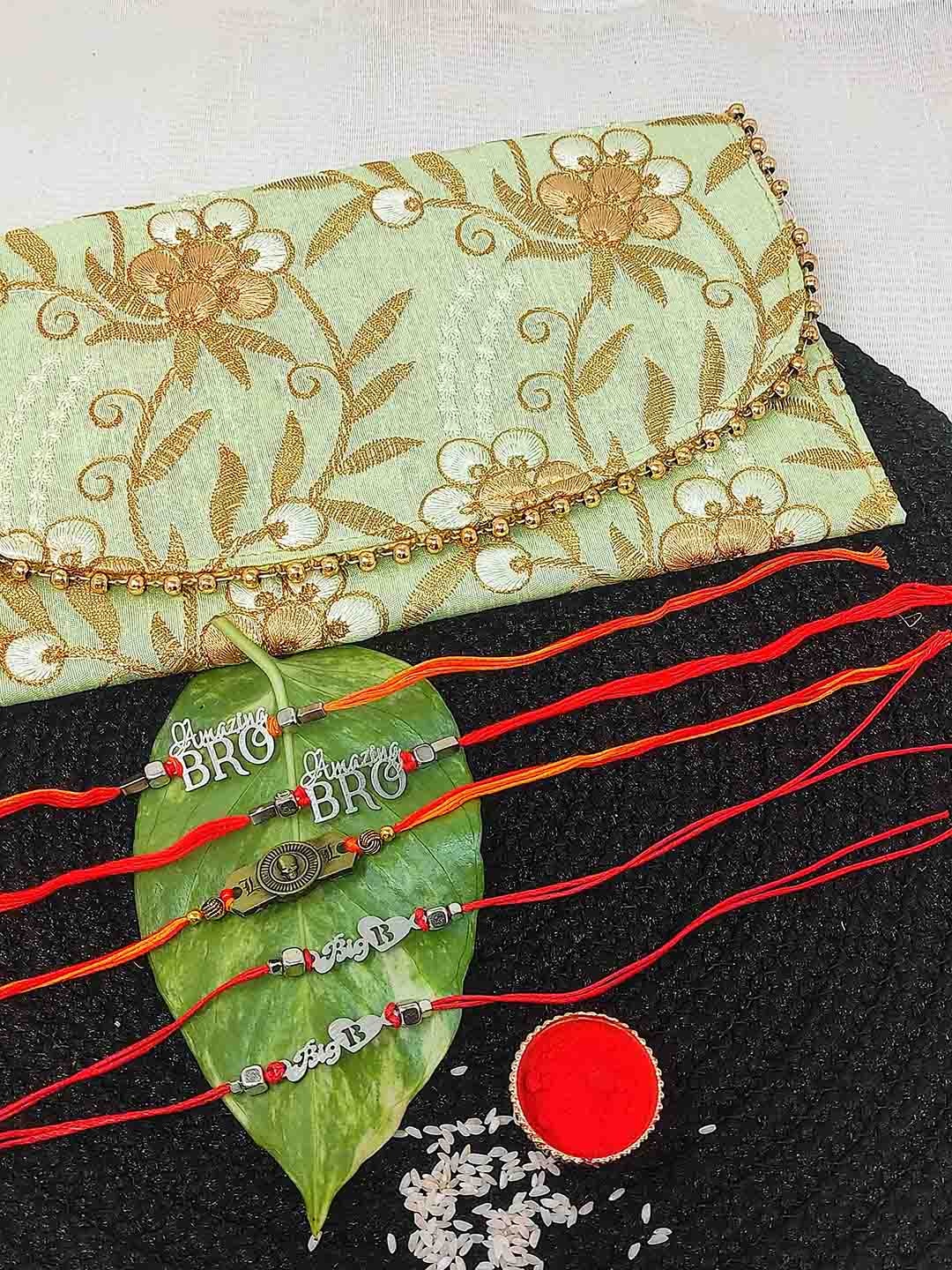 

CRAYTON Set Of 5 Bro Thread Rakhi With Roli Chawal & Purse, Silver