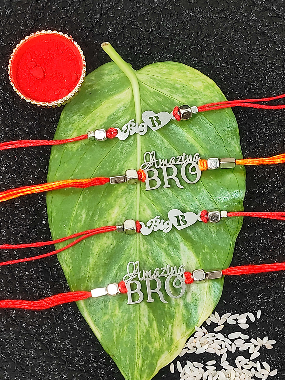 

CRAYTON Set Of 4 Charm Rakhi with Roli Chawal, Silver