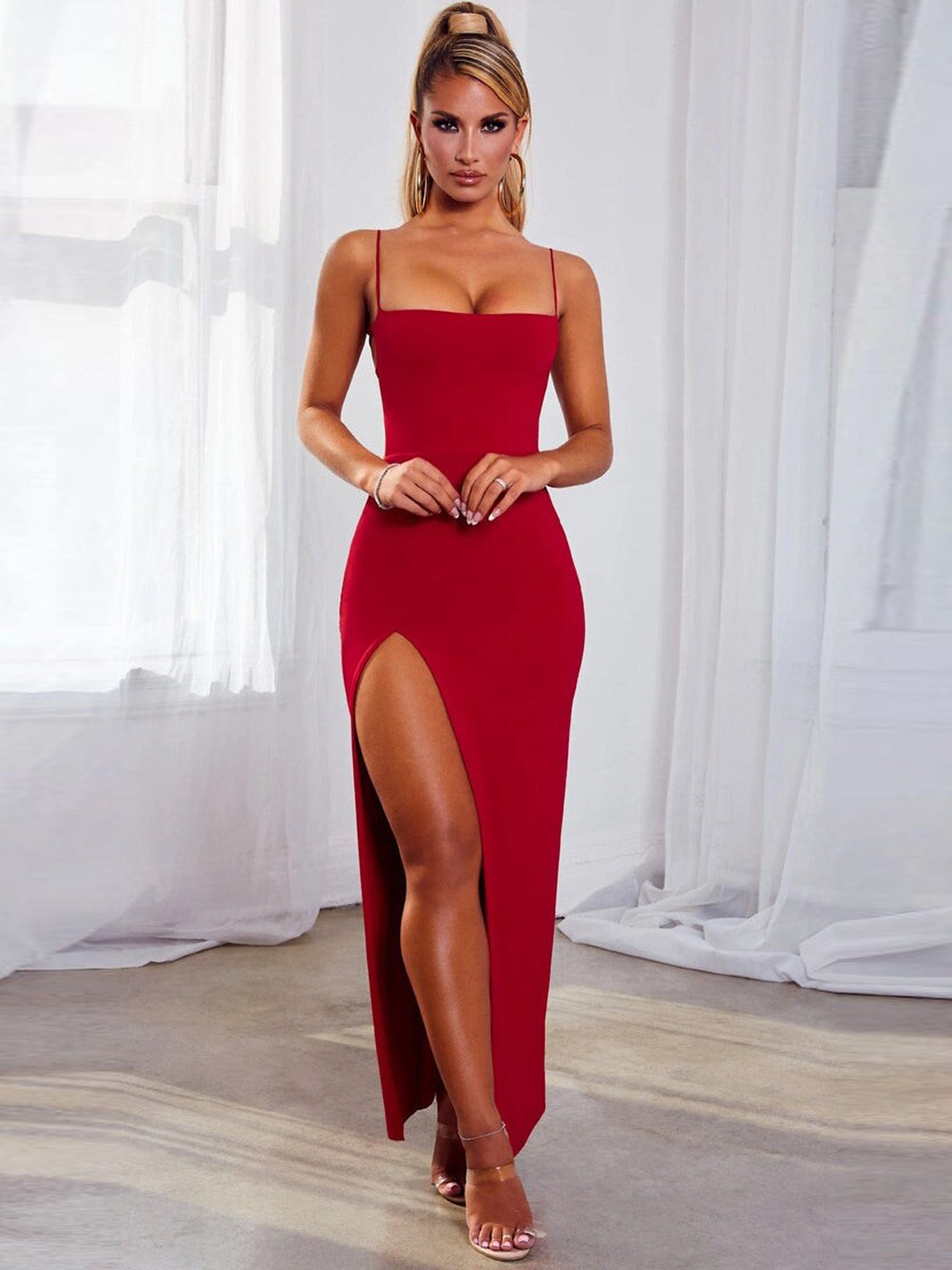 

Outcast Shoulder Straps Bodycon Maxi Dress, Maroon