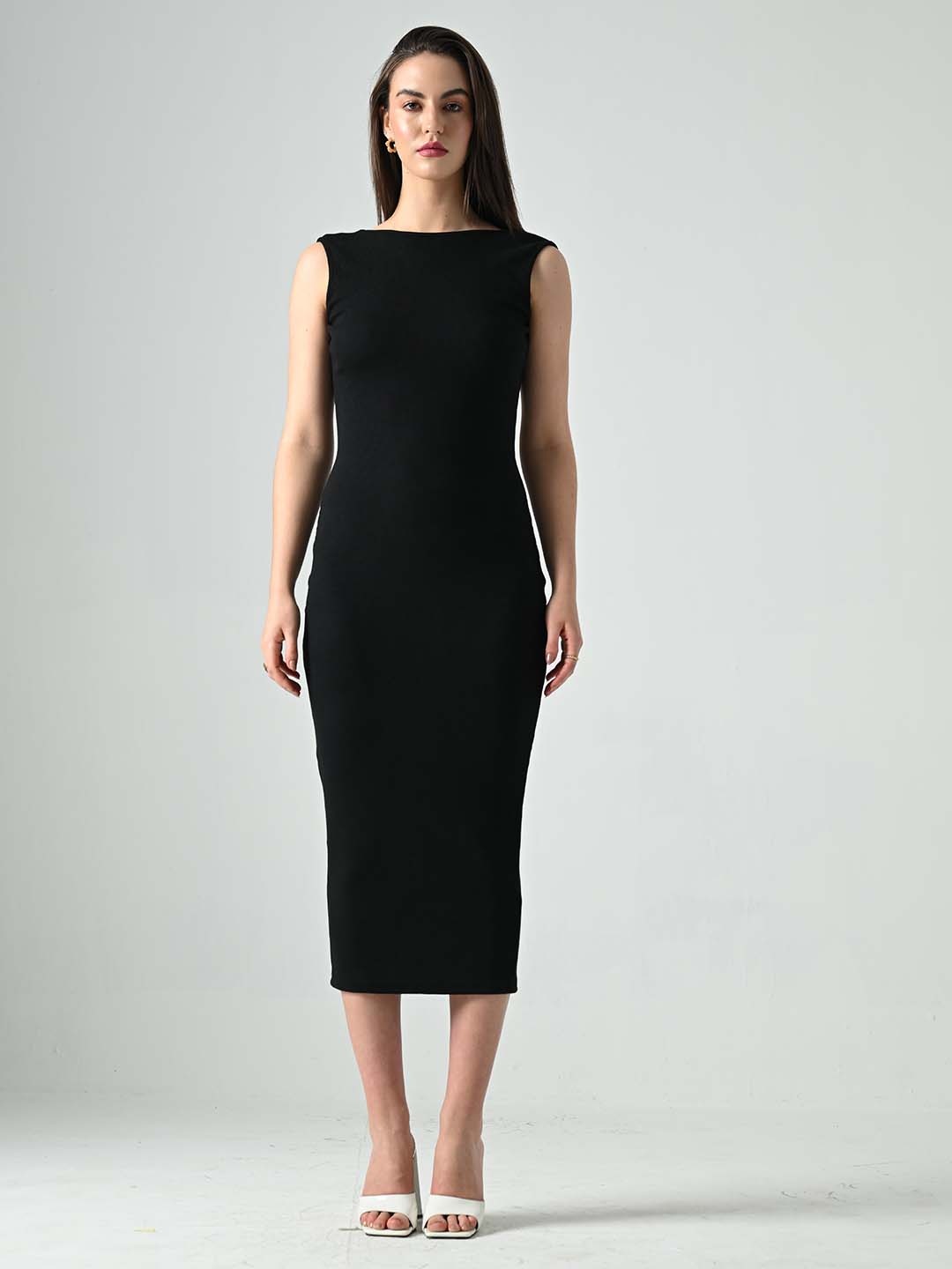 

Outcast Ribbed Boat Neck Bodycon Midi Dress, Black