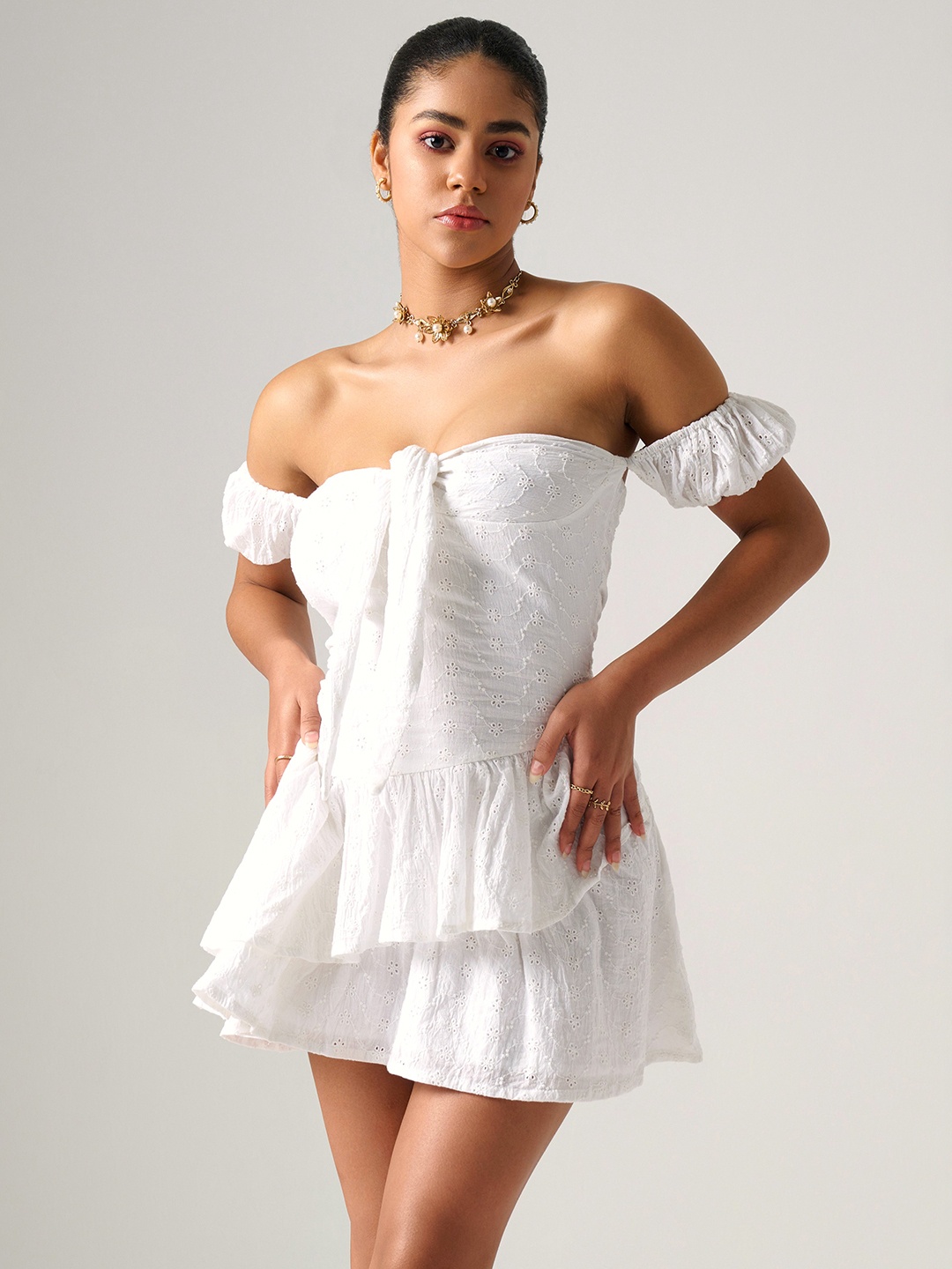 

Outcast Off-Shoulder Self Design Layered Tie-Up Detail Fit & Flare Mini Dress, White