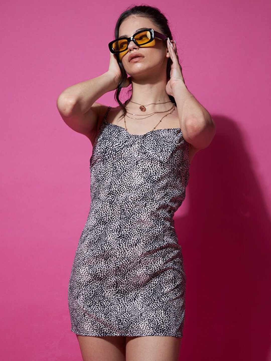 

Outcast Animal Printed Shoulder Strap Bodycon Mini Dress, Black