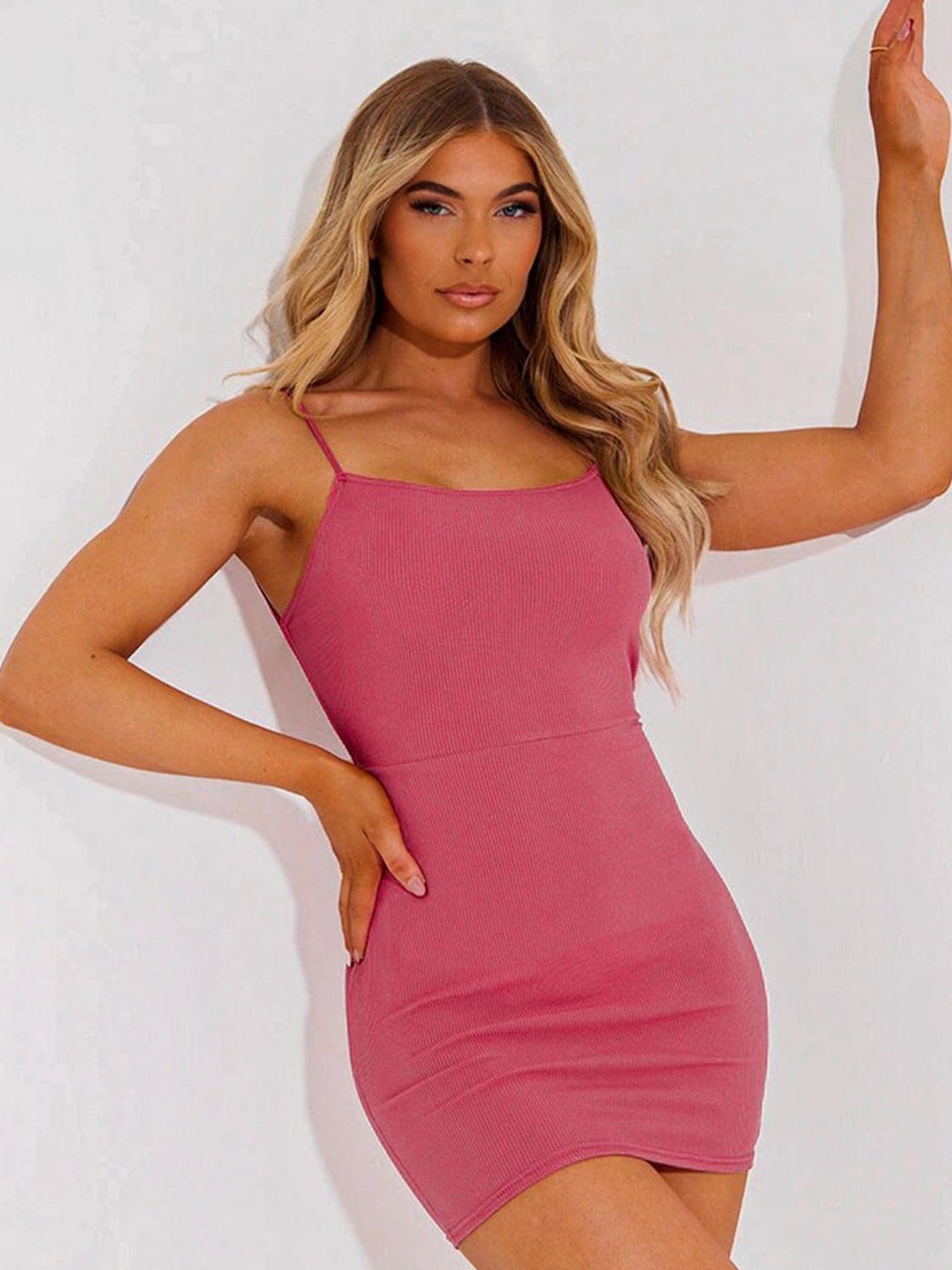 

Outcast Ribbed Lace Up Back Bodycon Mini Dress, Pink