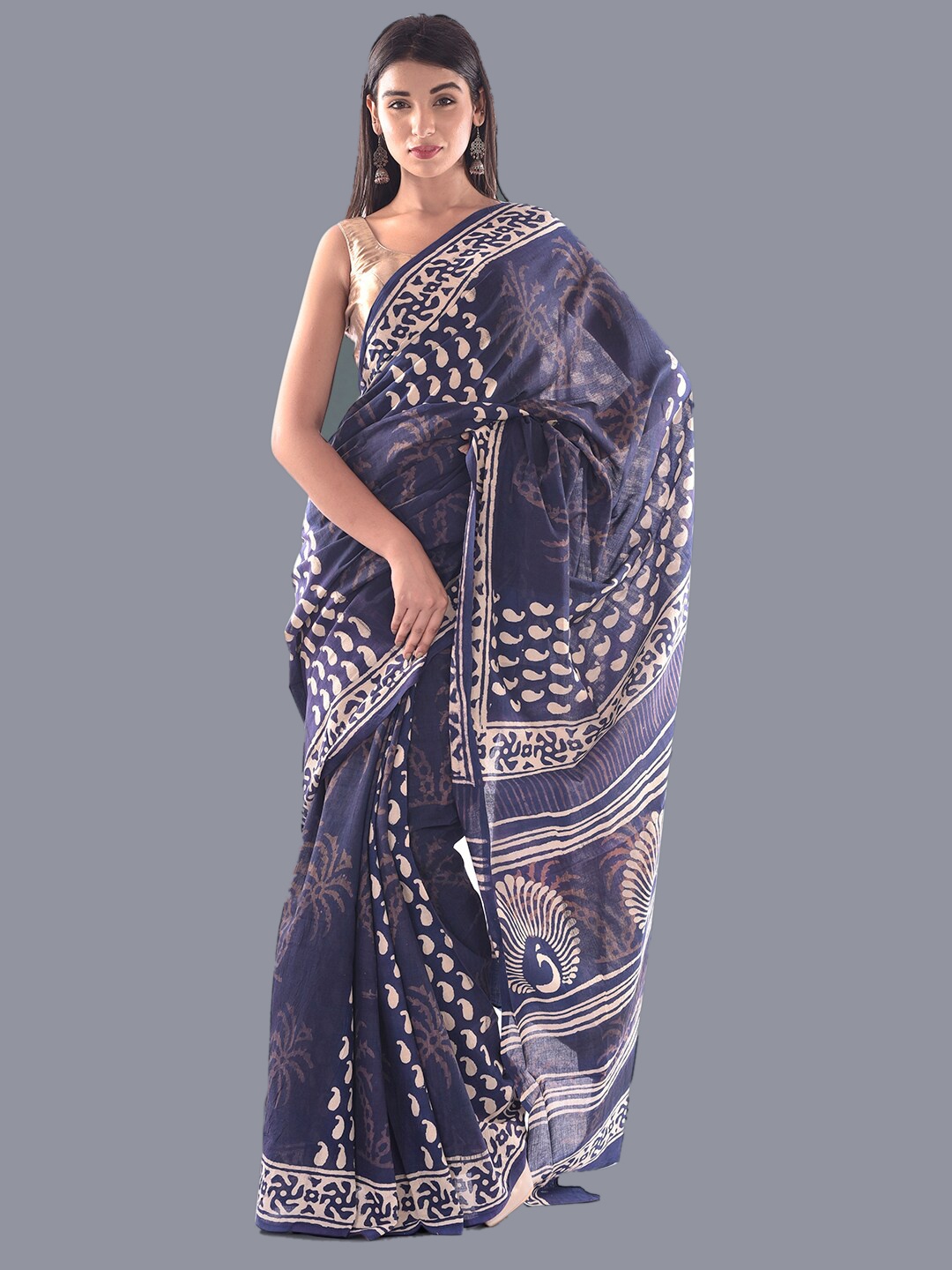 

HANDICRAFT PALACE Paisley Pure Cotton Dabu Saree, Blue