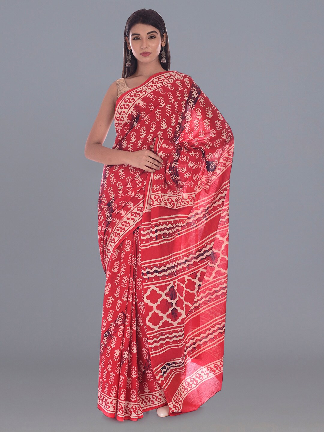 

HANDICRAFT PALACE Floral Pure Cotton Dabu Saree, Red