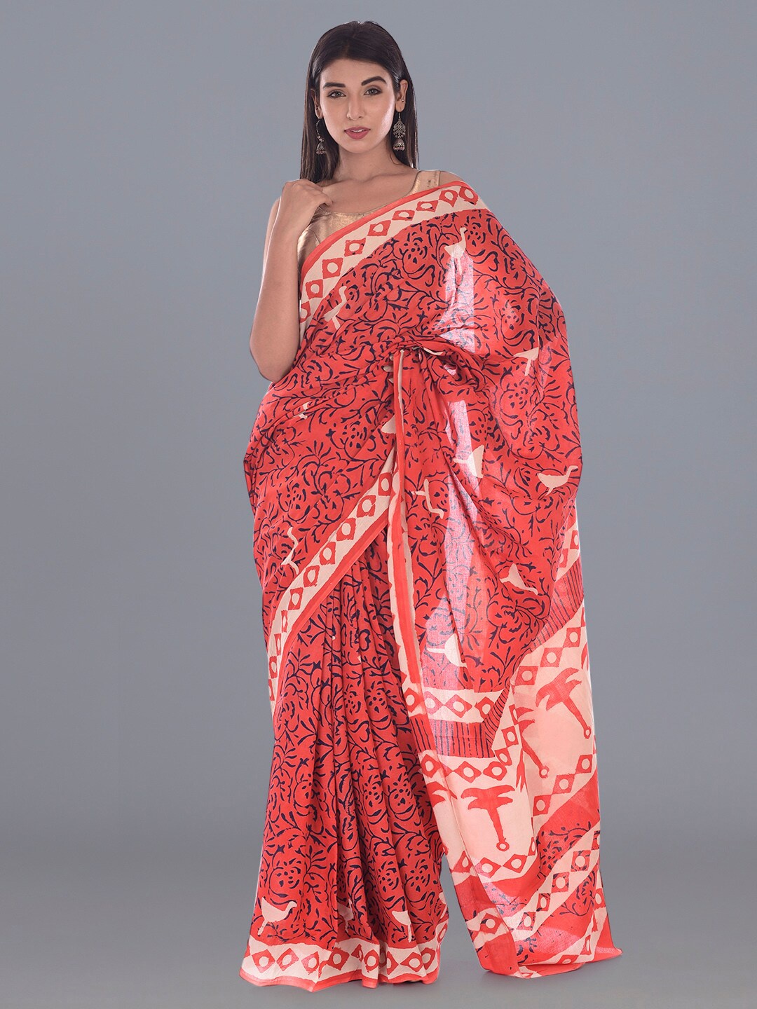 

HANDICRAFT PALACE Floral Pure Cotton Dabu Saree, Red
