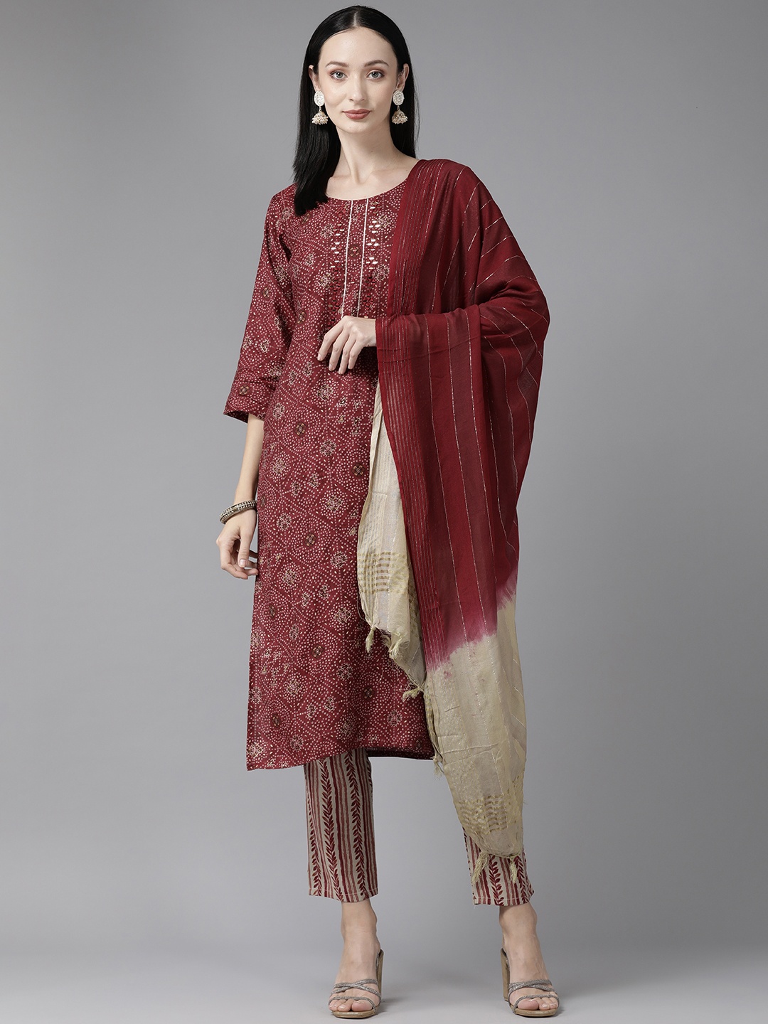 

Aarika Women Maroon Bandhani Printed Regular Mirror Work Pure Cotton Kurta with Palazzos & With Dupatta