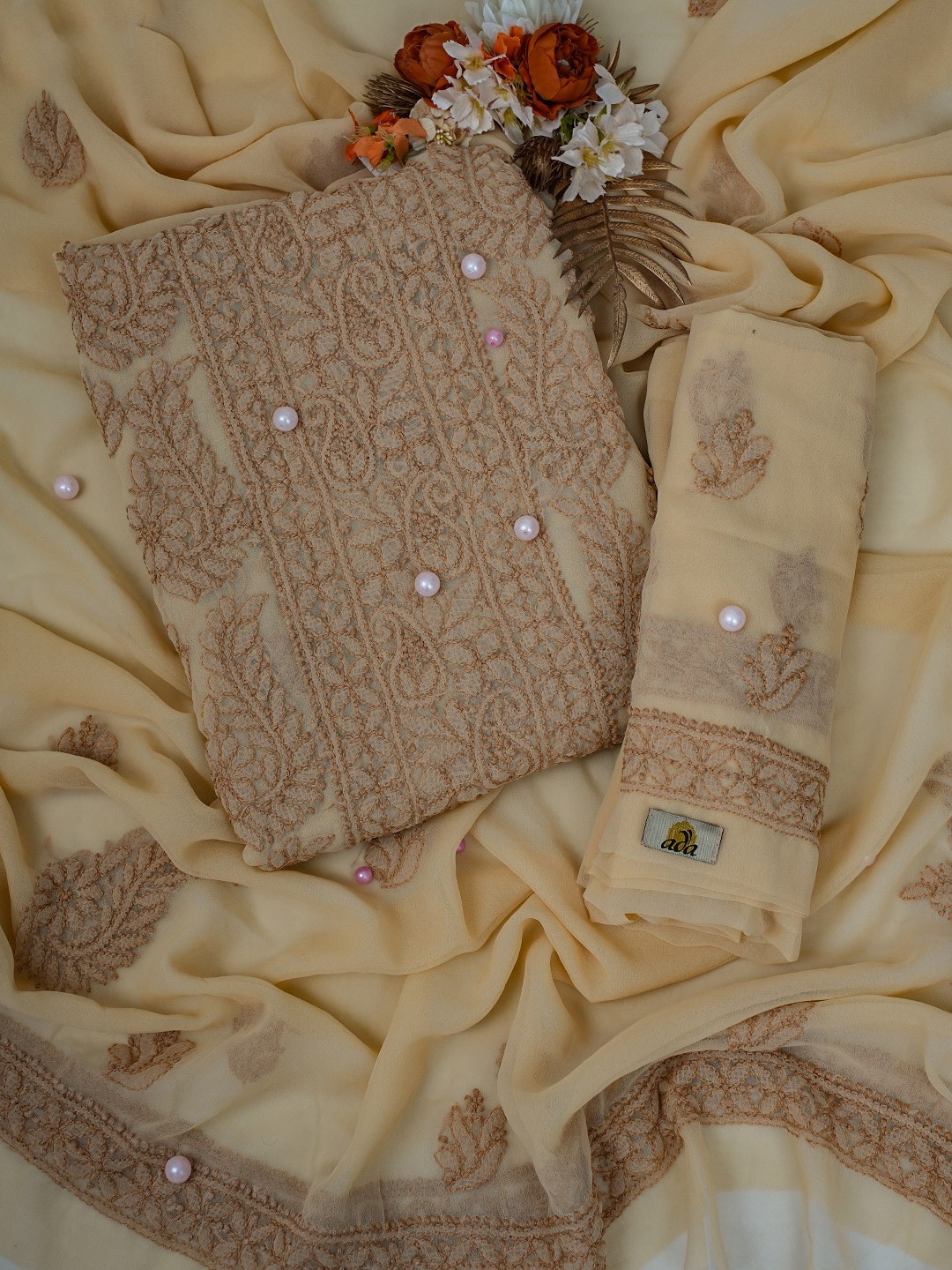 

ADA Embroidered Chikankari Unstitched Dress Material, Beige