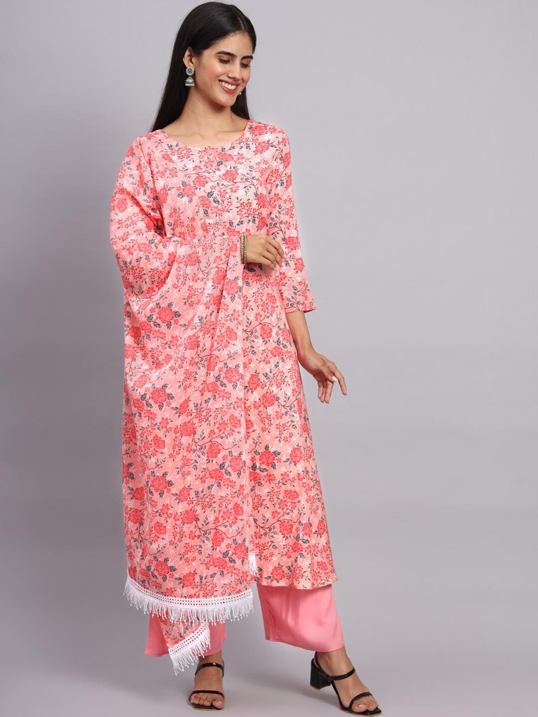 

Tissu Floral Printed Anarkali Kurta & Palazzos With Dupatta, Peach