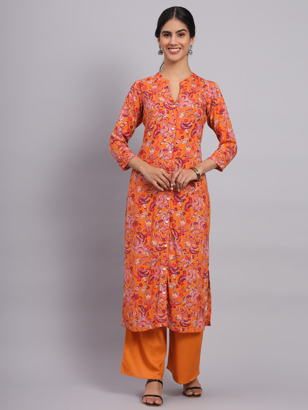 

Tissu Floral Printed Mandarin Collar Straight Kurta With Palazzos, Orange