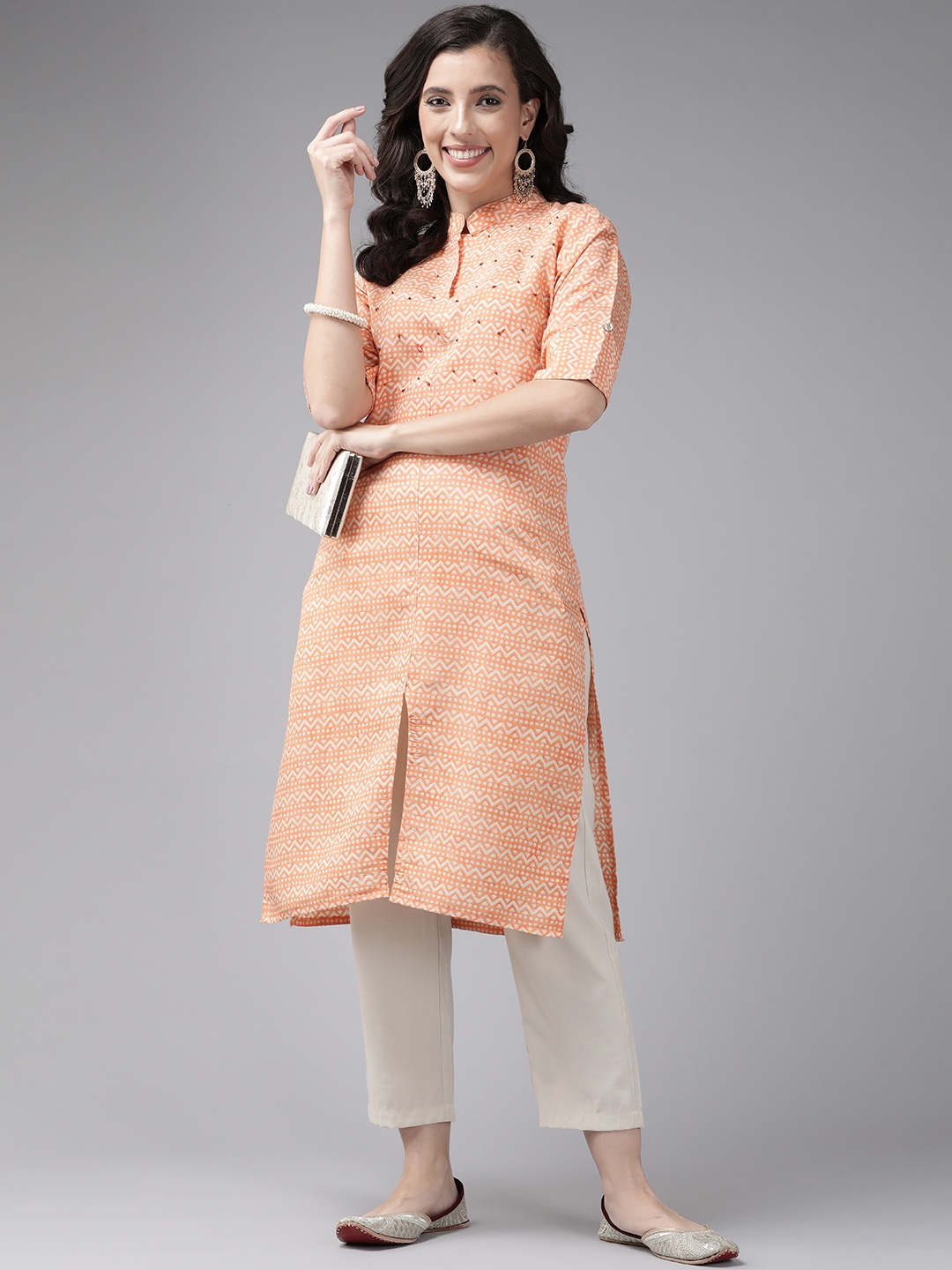 

Aarika Women Peach-Coloured Geometric Printed Kurta