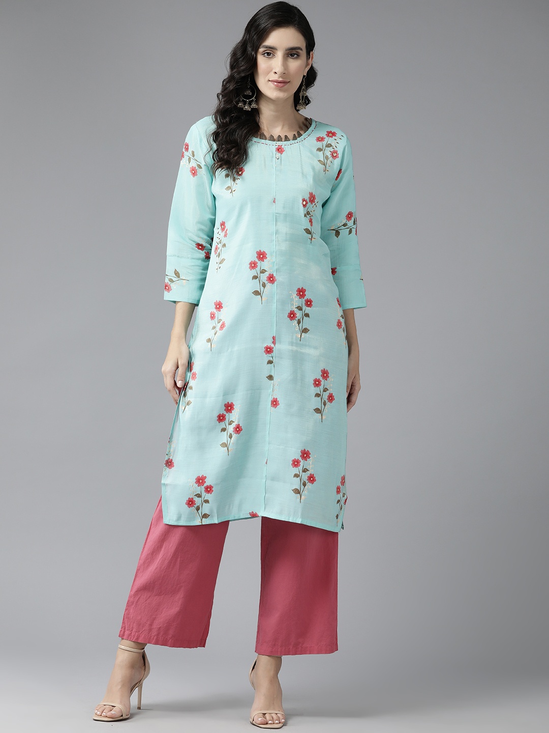 

Aarika Women Floral Printed Mirror Work Kurta, Turquoise blue