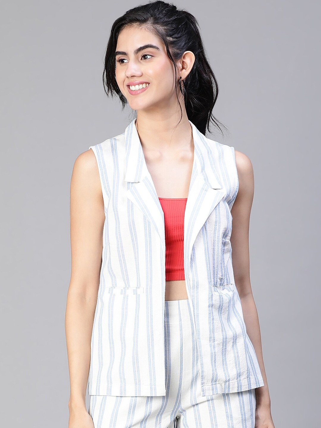 

Oxolloxo Striped Notched Lapel Sleeveless Front Open Pure Cotton Waistcoat, White