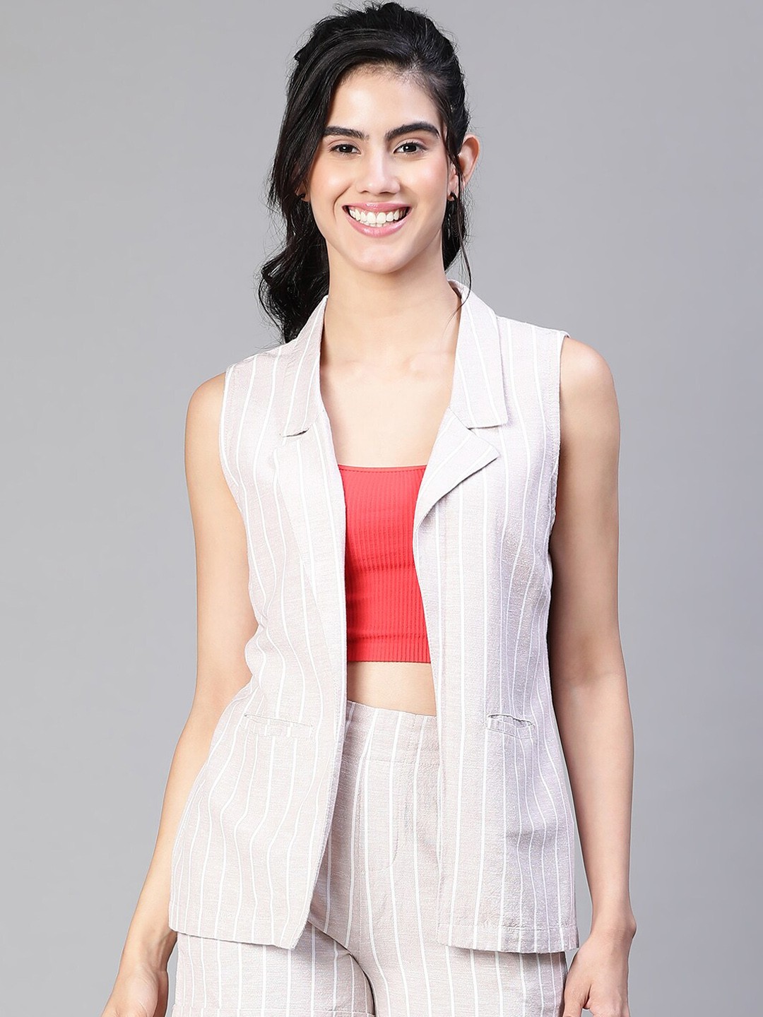 

Oxolloxo Women Striped Print Open Collared Sleeveless Cotton Waistcoat, Beige
