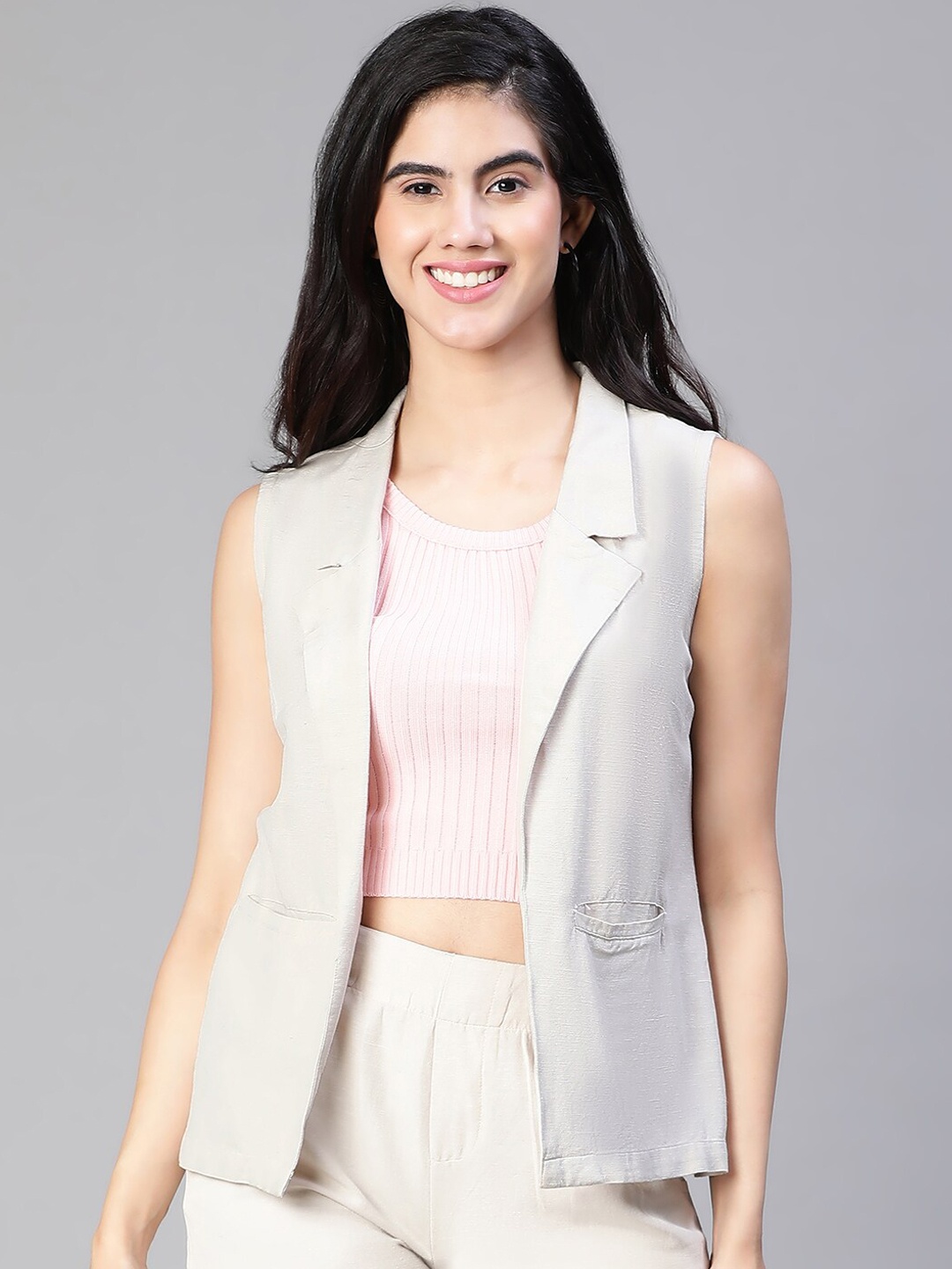 

Oxolloxo Notched Lapel Sleeveless Front Open Pure Cotton Waistcoat, Beige