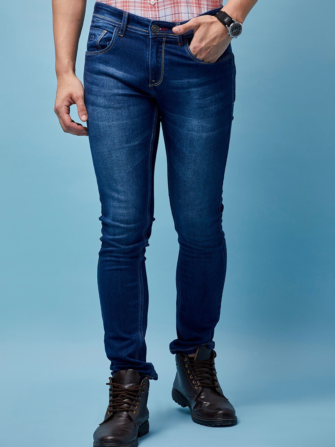 

MOZZO Men Lean Slim Fit Slash Knee Jeans, Navy blue