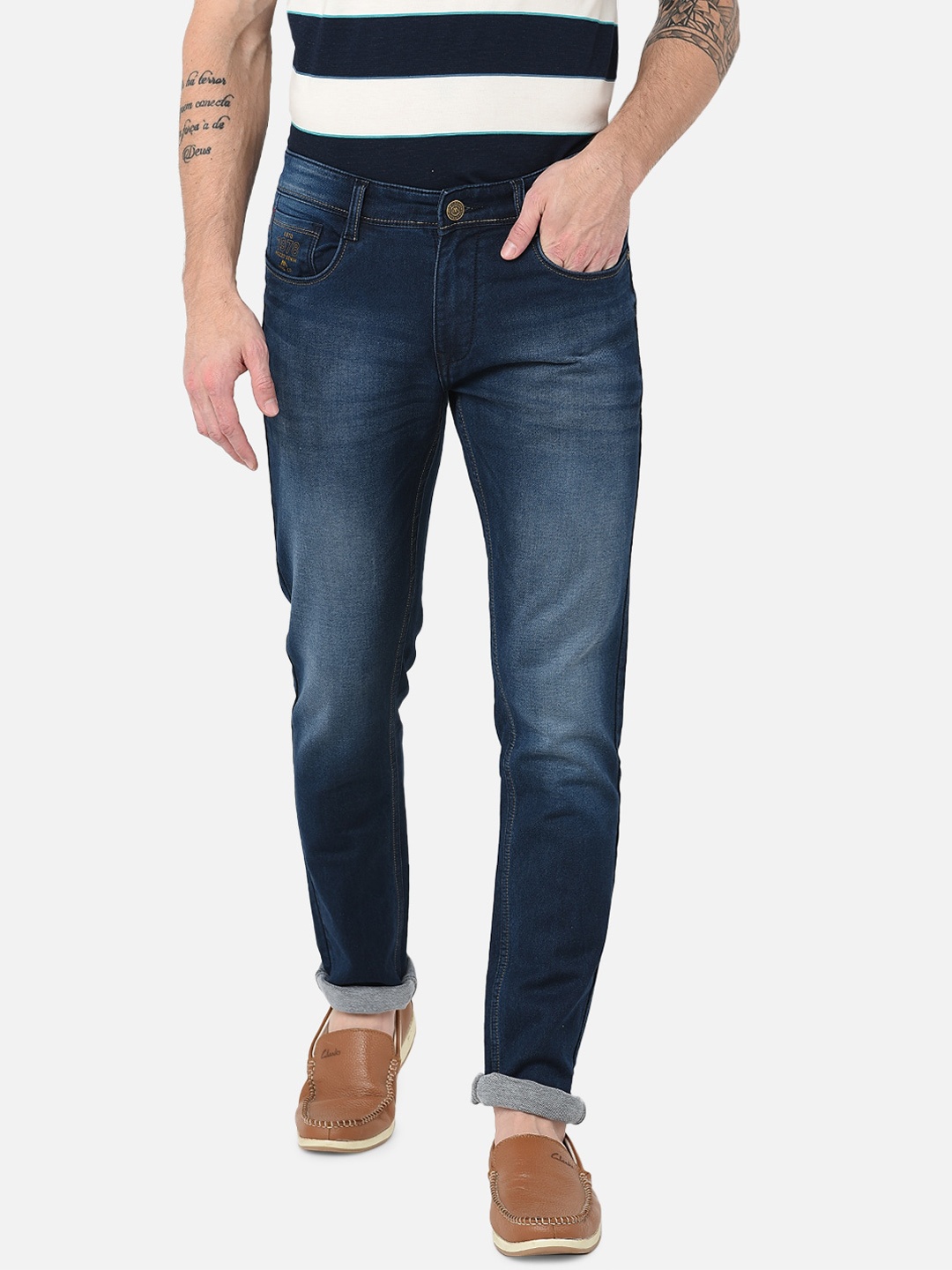 

MOZZO Men Lean Slim Fit Mid-Rise Light Fade Jeans, Navy blue