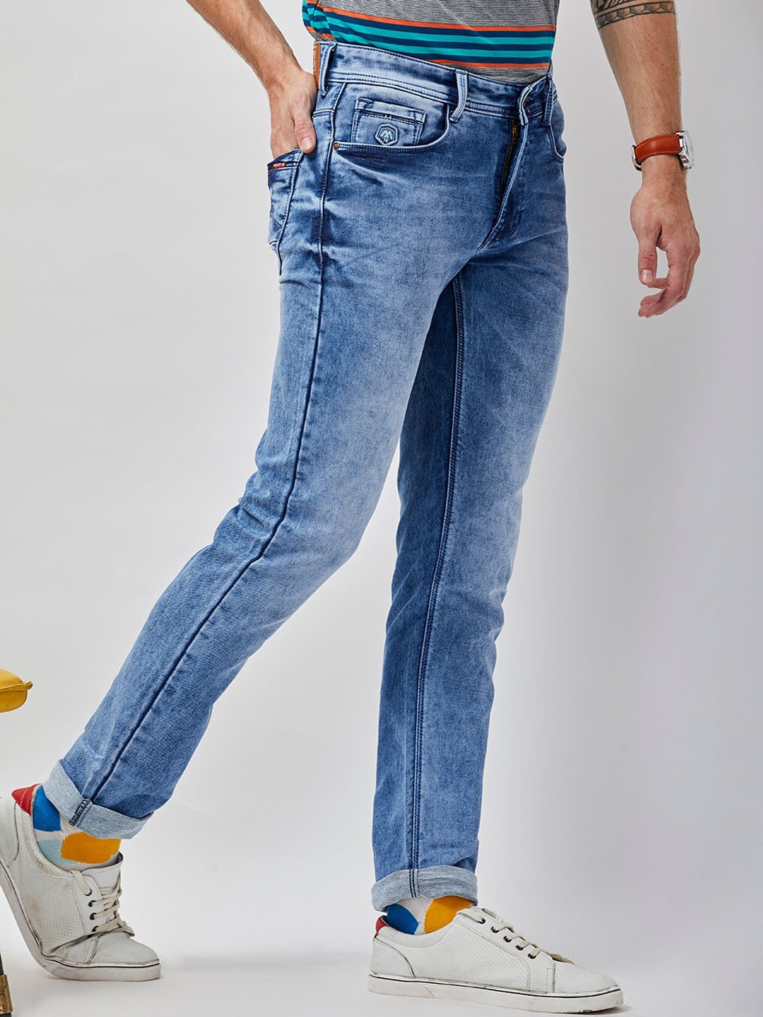 

MOZZO Men Lean Slim Fit Heavy Fade Clean Look Jeans, Blue