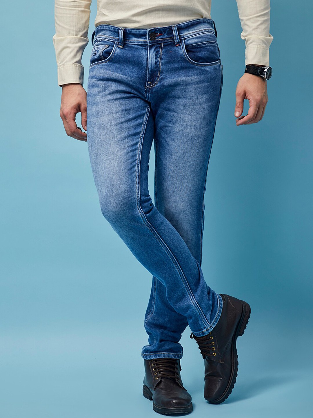 

MOZZO Men Lean Slim Fit Light Fade Clean Look Jeans, Blue