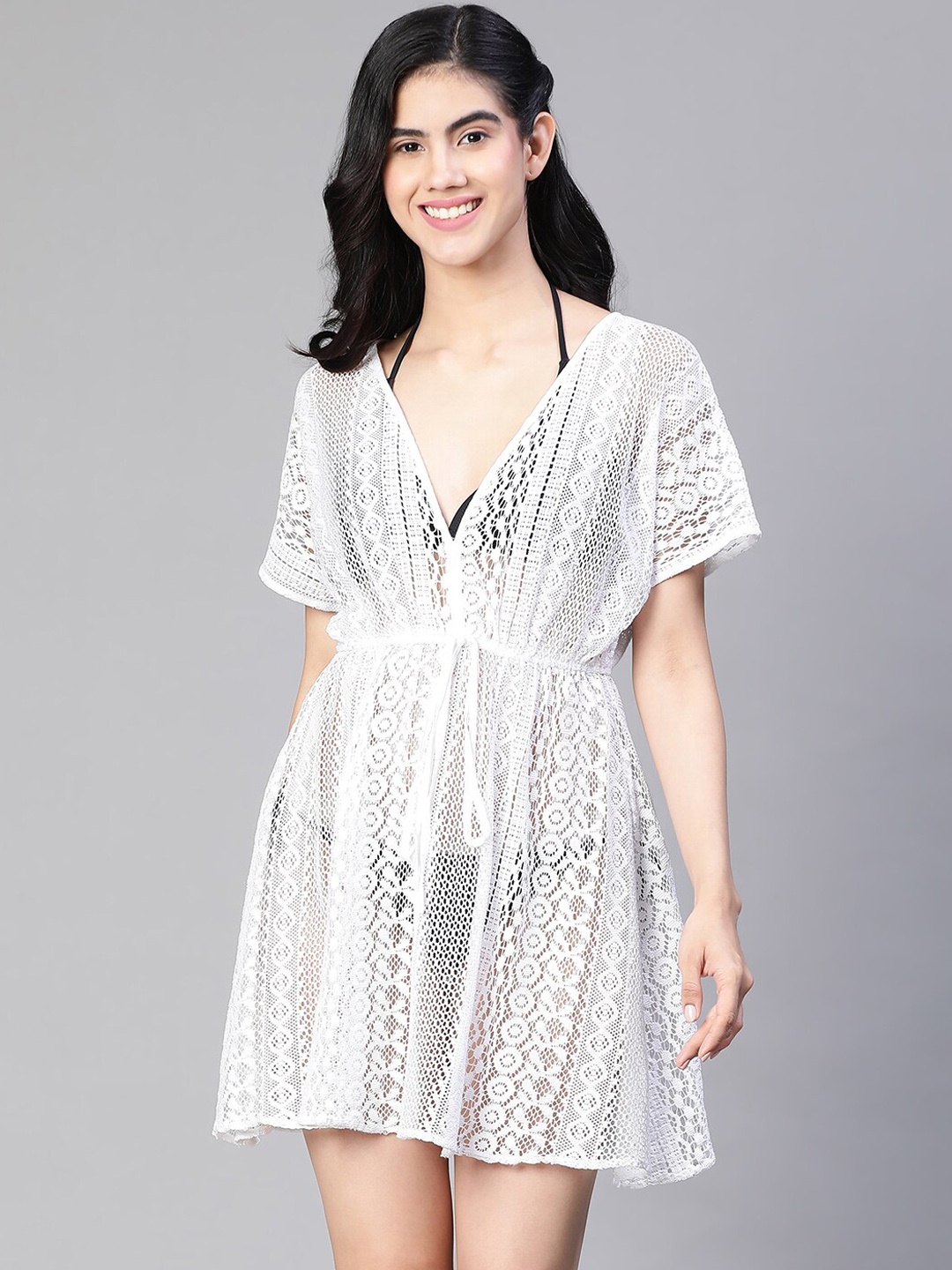 

Oxolloxo Floral Self Design Schiffli Cotton Mini Cover-Up Dress, White