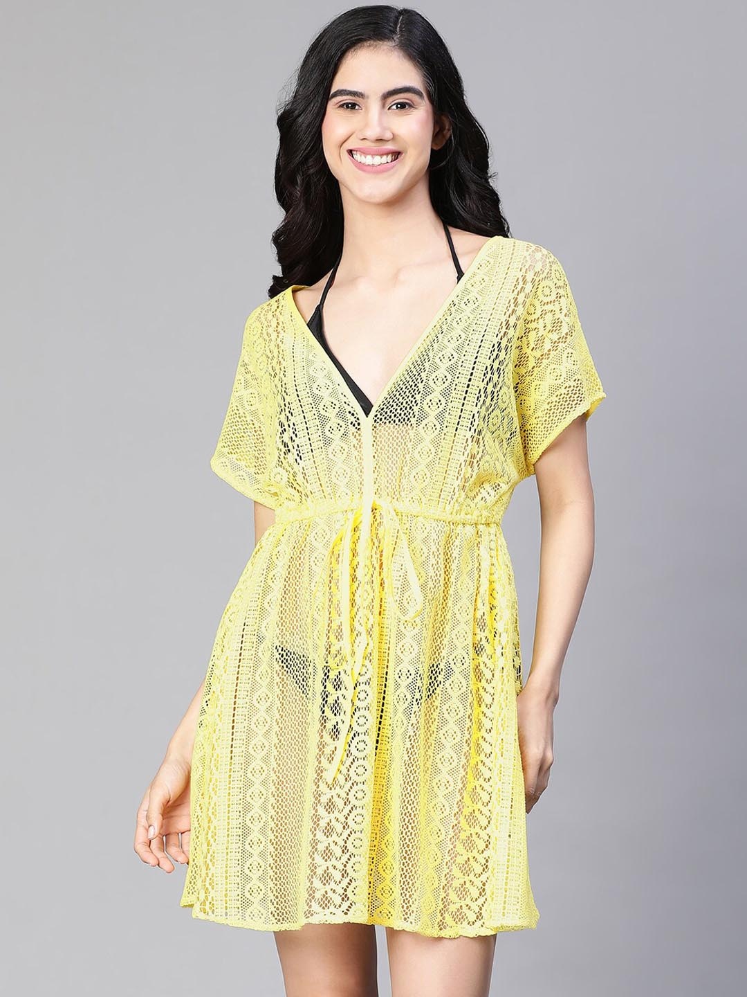 

Oxolloxo Floral Self Design Schiffli Cotton Mini Cover-Up Dress, Yellow