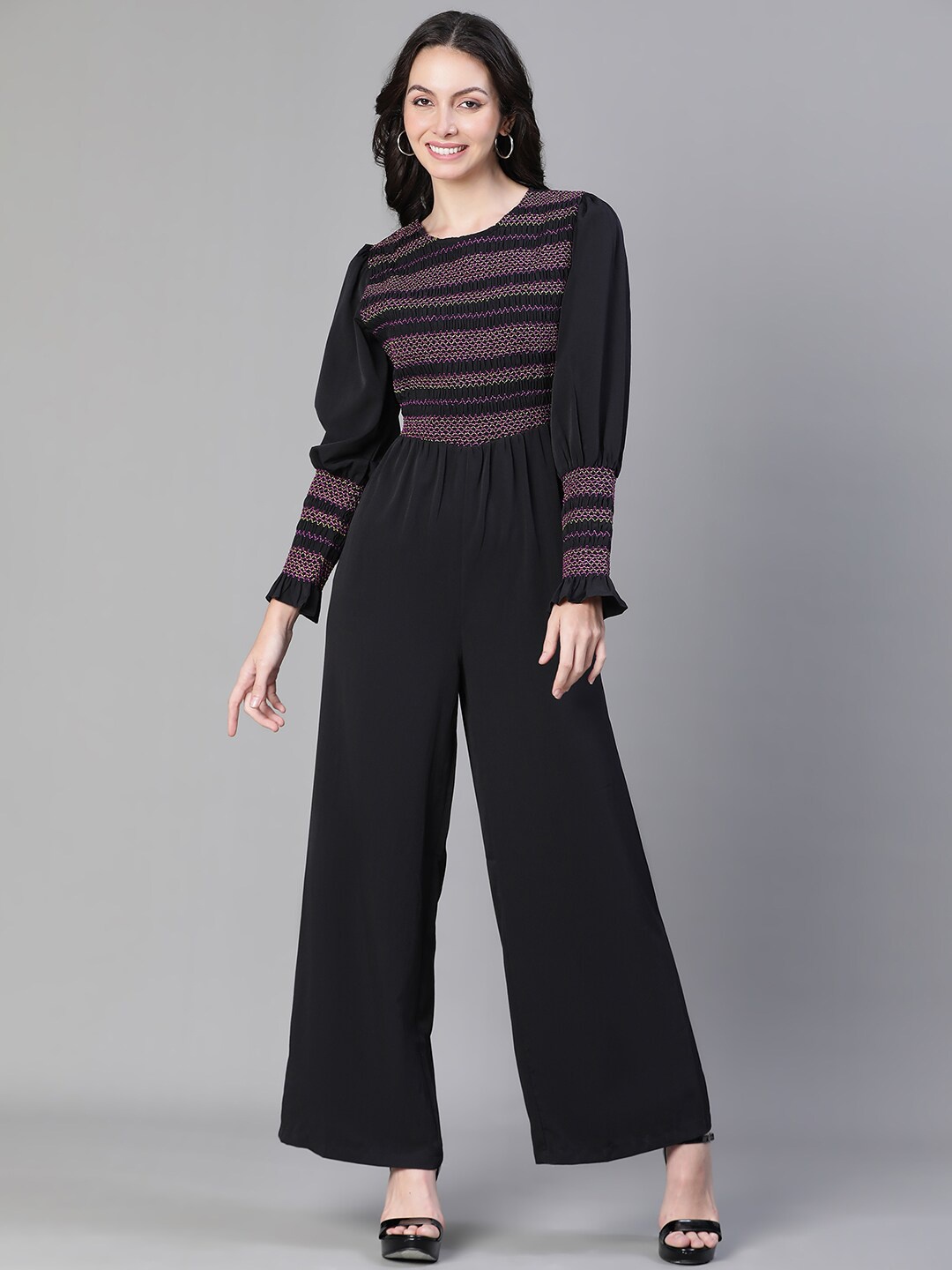 

Oxolloxo Smocked Round Neck Long Sleeve Jumpsuit, Black