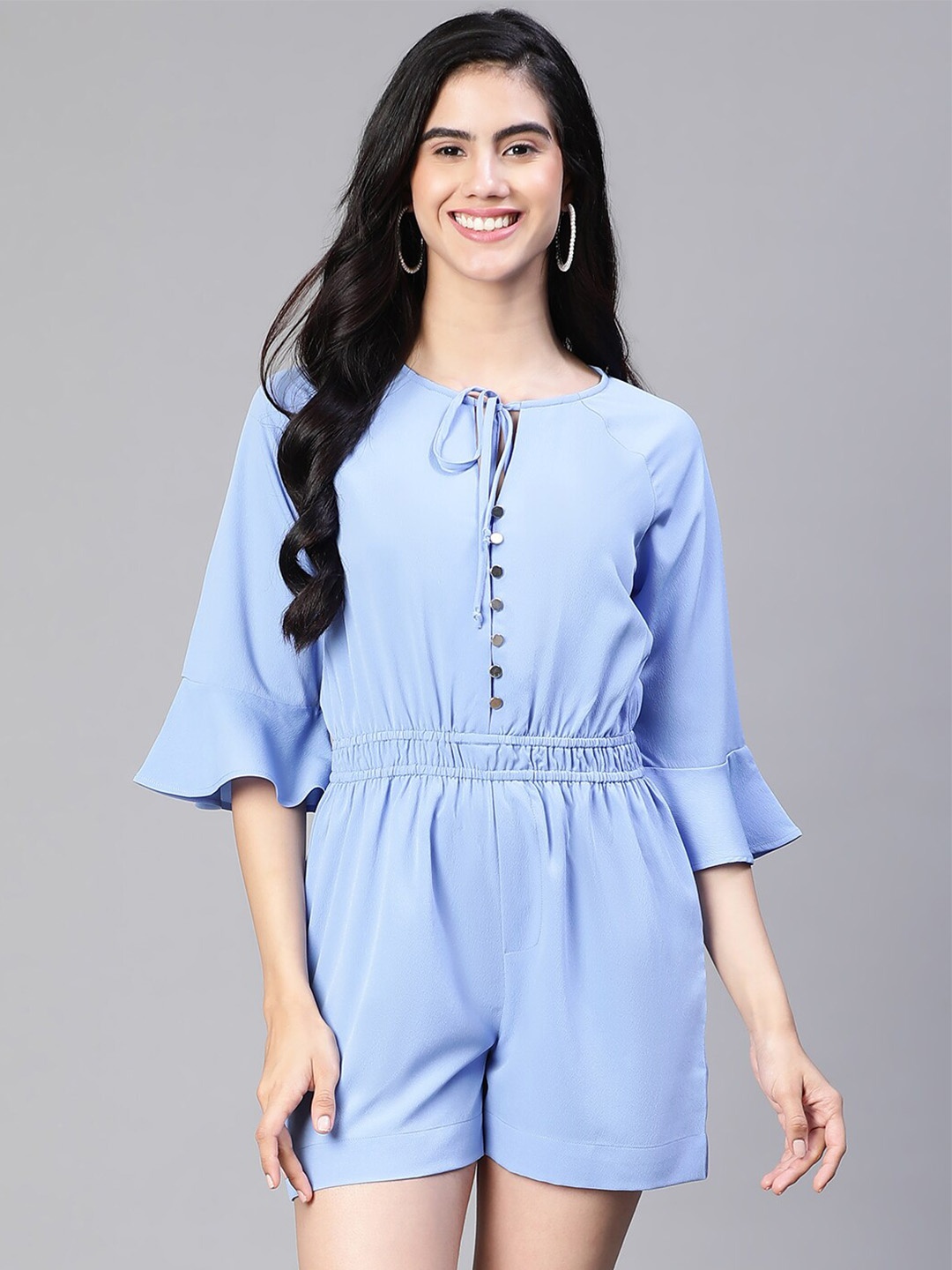 

Oxolloxo Tie Up Neck Bell Sleeves Playsuit, Blue