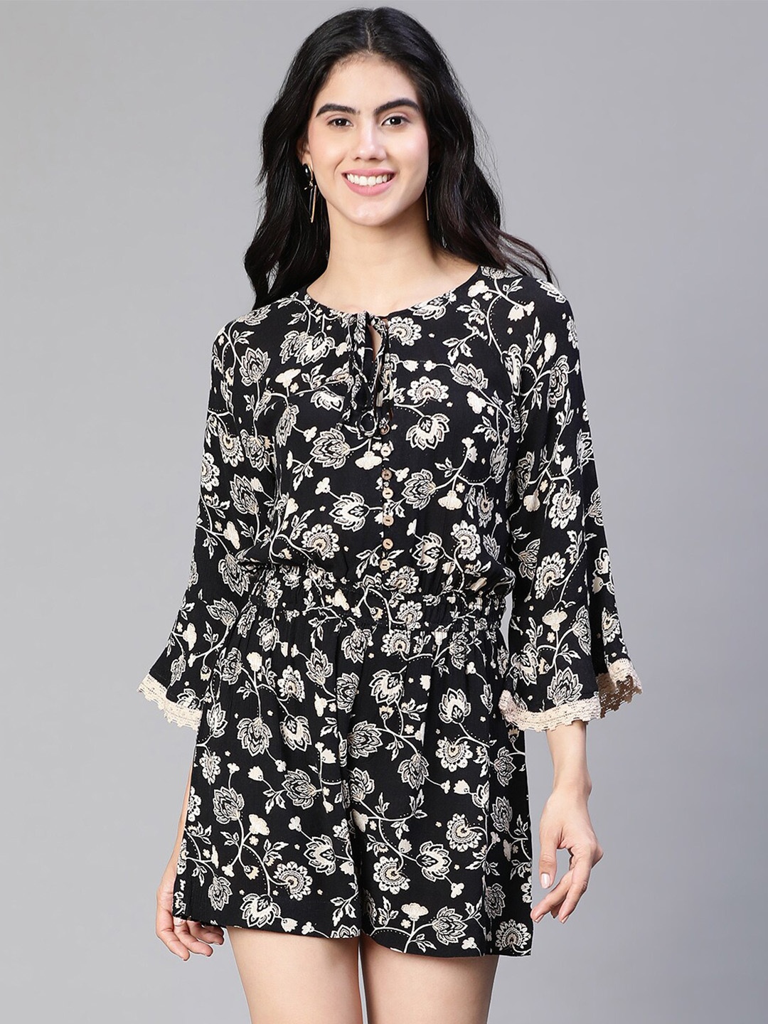

Oxolloxo Floral Print Tie-Up Neck Playsuit, Black