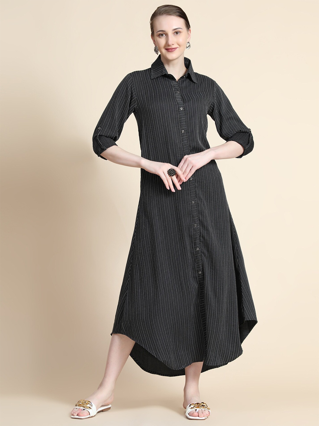 

BAESD Striped Shirt Collar Midi Cotton Shirt Dress, Black