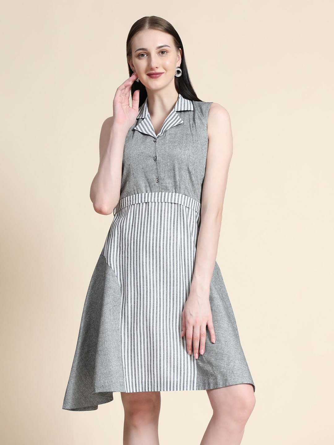 

BAESD Striped Shirt Collar Cotton A-Line Dress, Grey