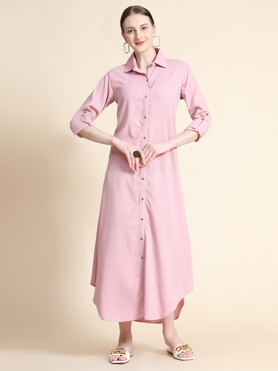 

BAESD Striped Shirt Collar Midi Cotton Shirt Dress, Pink