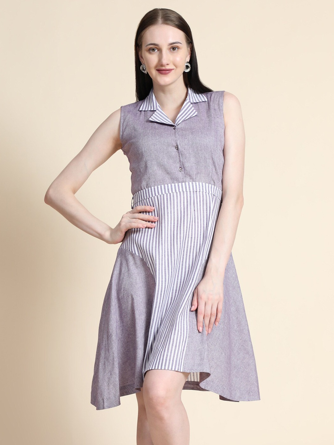 

BAESD Striped Shirt Collar Cotton A-Line Dress, Grey