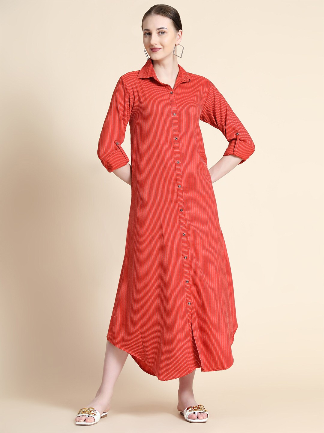 

BAESD Striped Shirt Collar Midi Cotton Shirt Dress, Orange