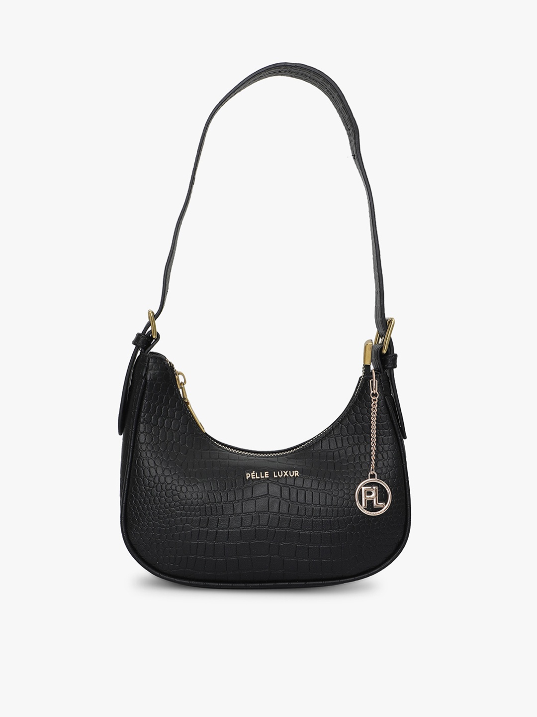 

PELLE LUXUR Textured Half Moon Hobo Bag, Black