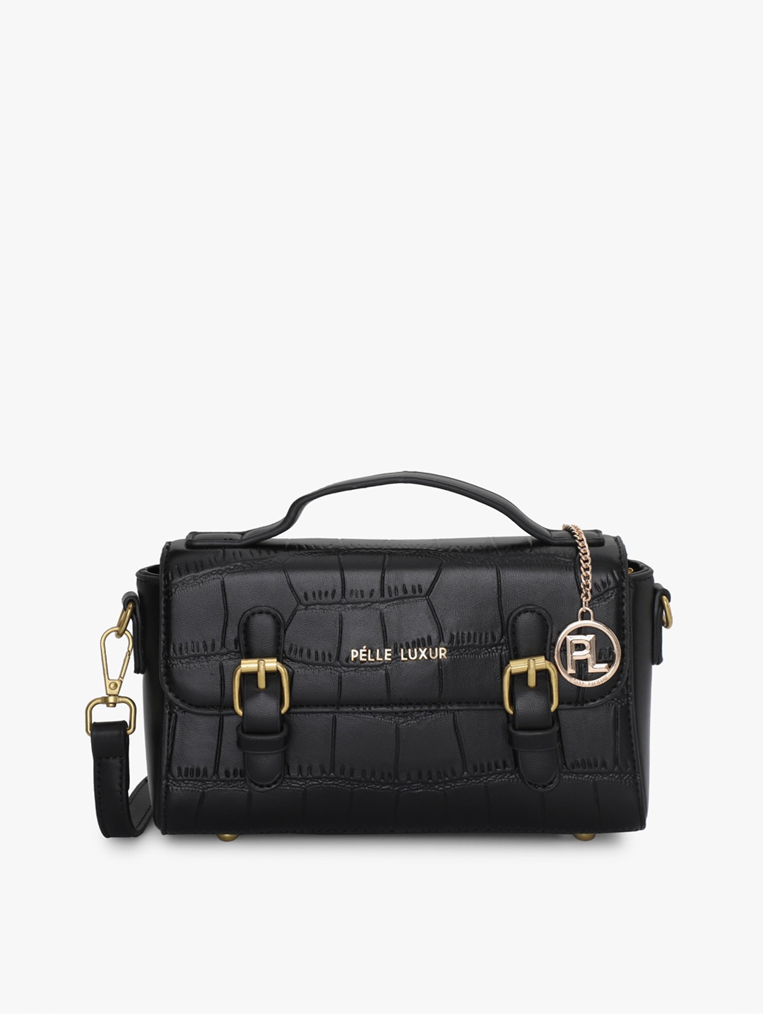

PELLE LUXUR Textured PU Structured Satchel Bag, Black