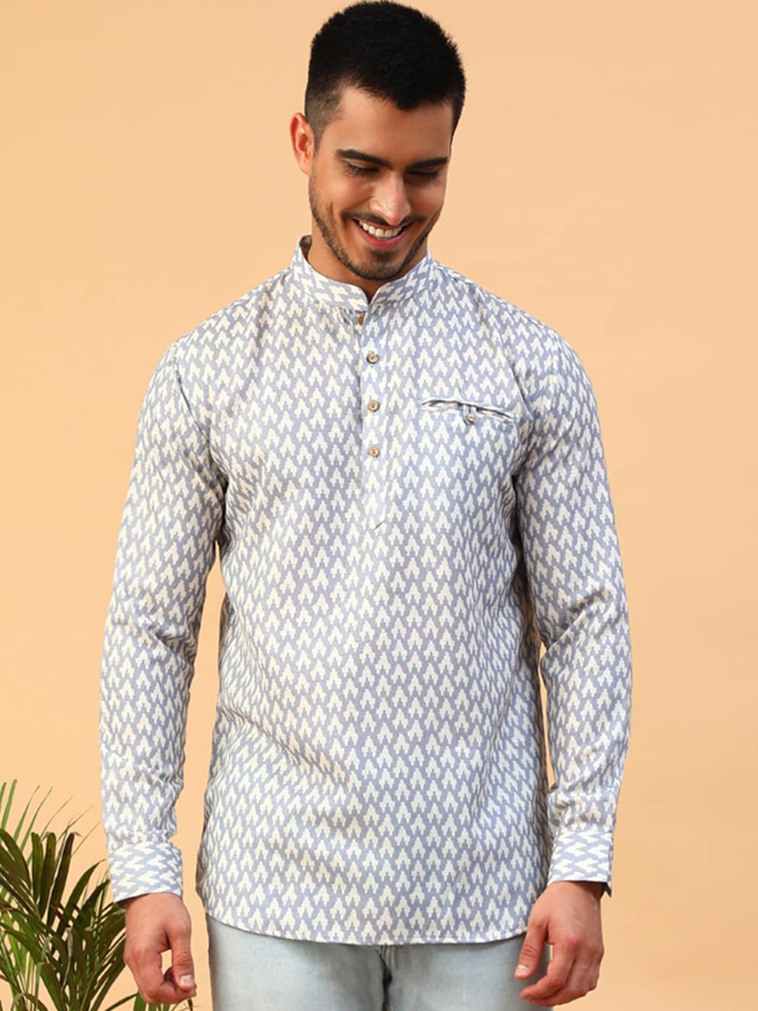 

TABARD Mandarin Collar Ethnic Motif Woven Design Cotton Kurta, Blue