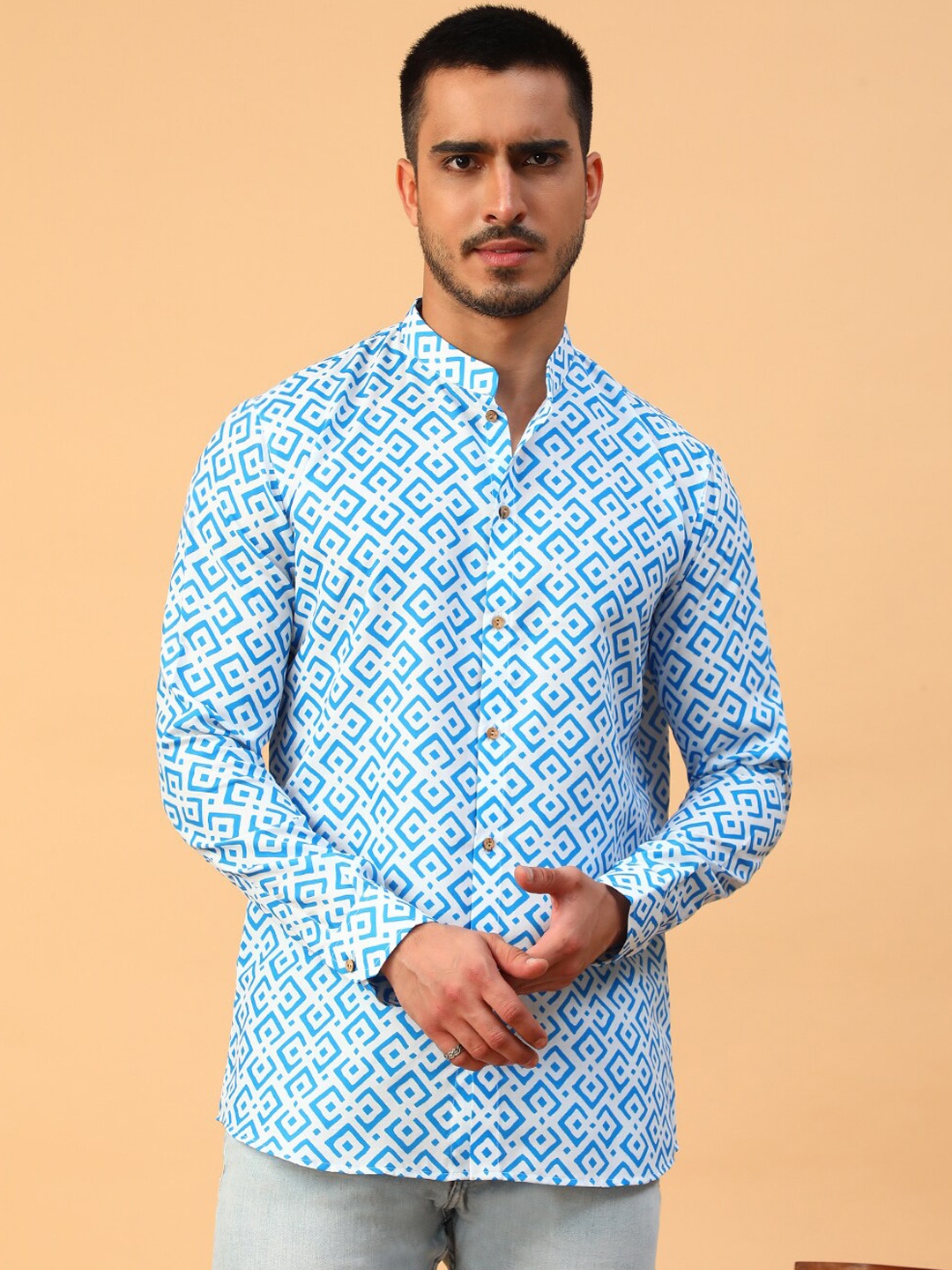 

TABARD Mandarin Collar Geometric Printed Cotton Kurta, Blue