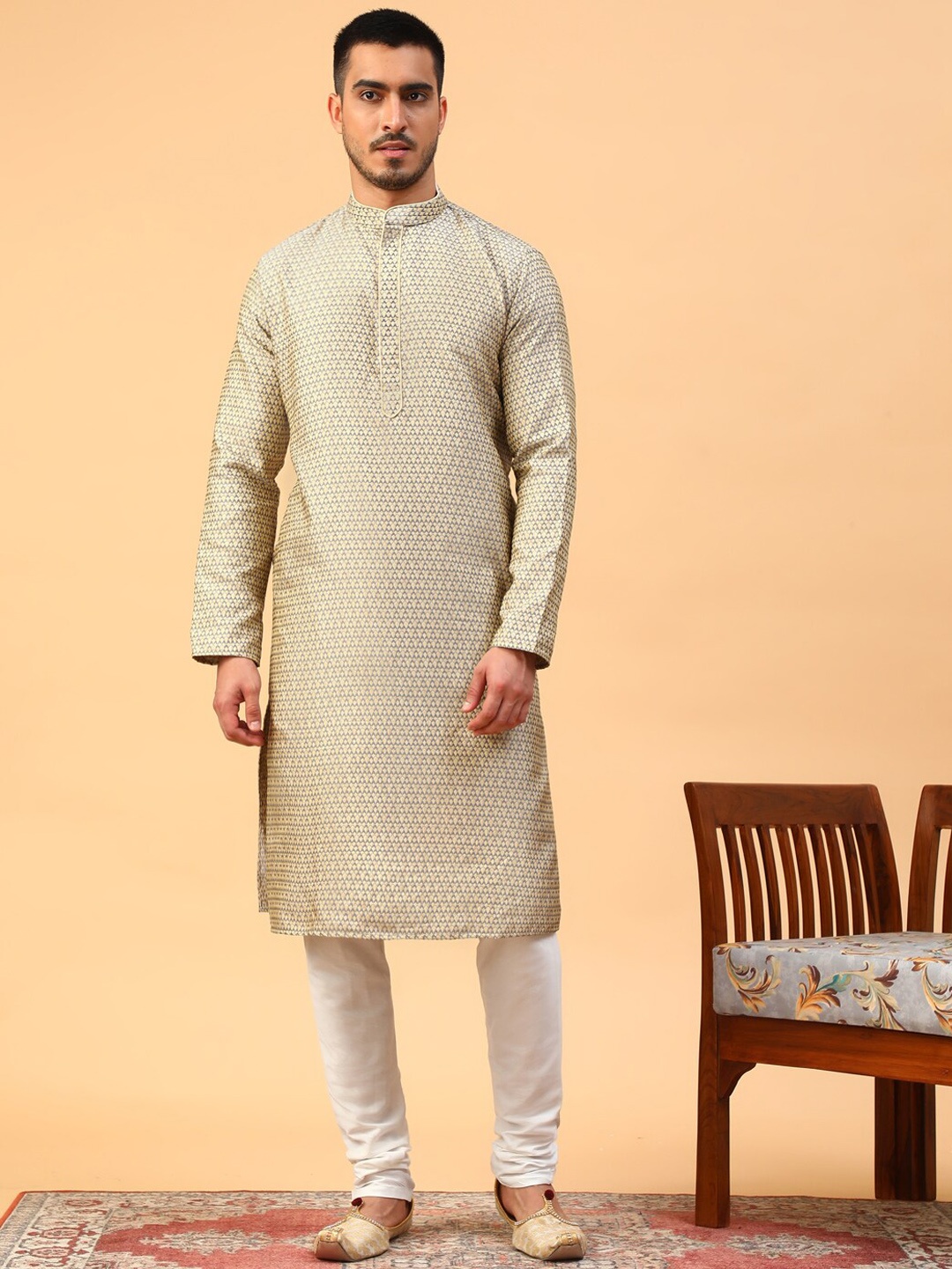 

TABARD Geometric Woven Design Jacquard Straight Kurta, Grey