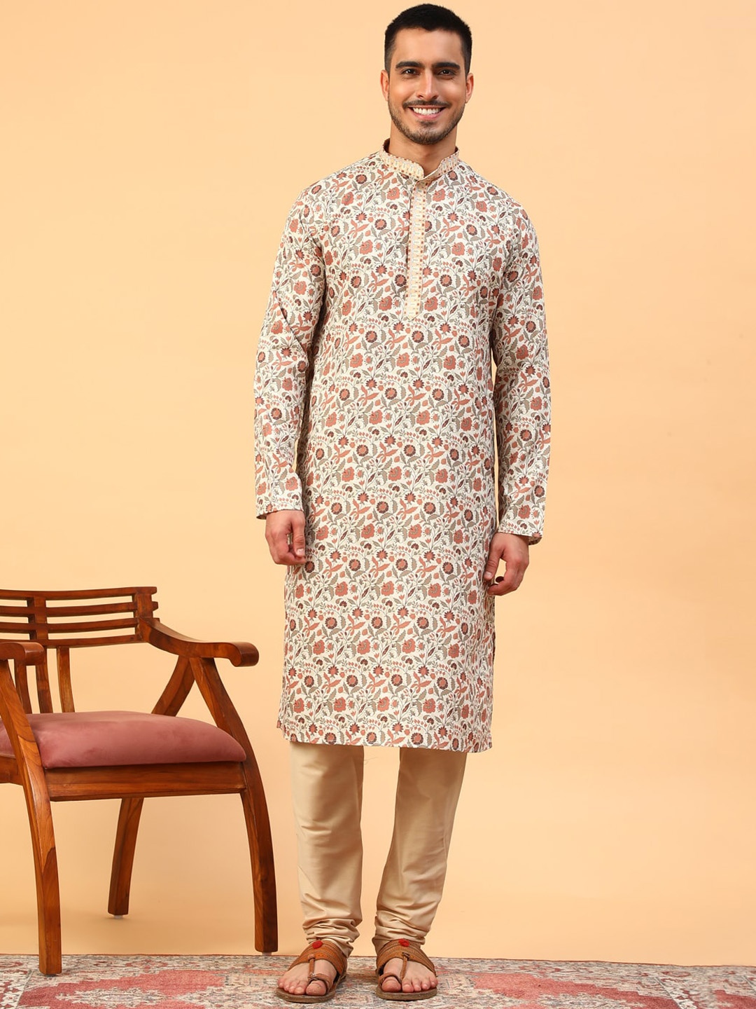 

TABARD Floral Printed Cotton Straight Kurta, Beige