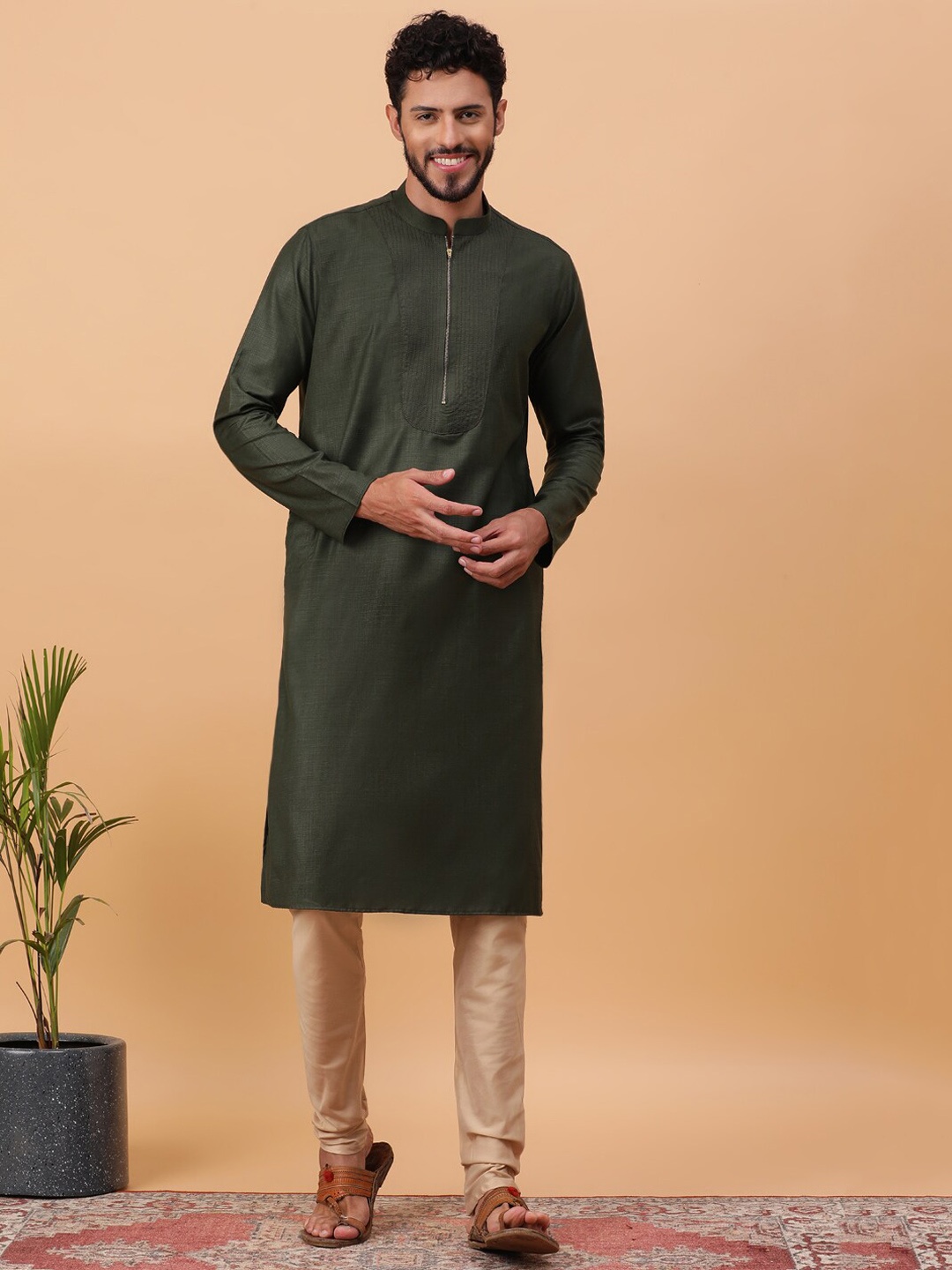 

TABARD Mandarin Collar Cotton Straight Kurta, Green