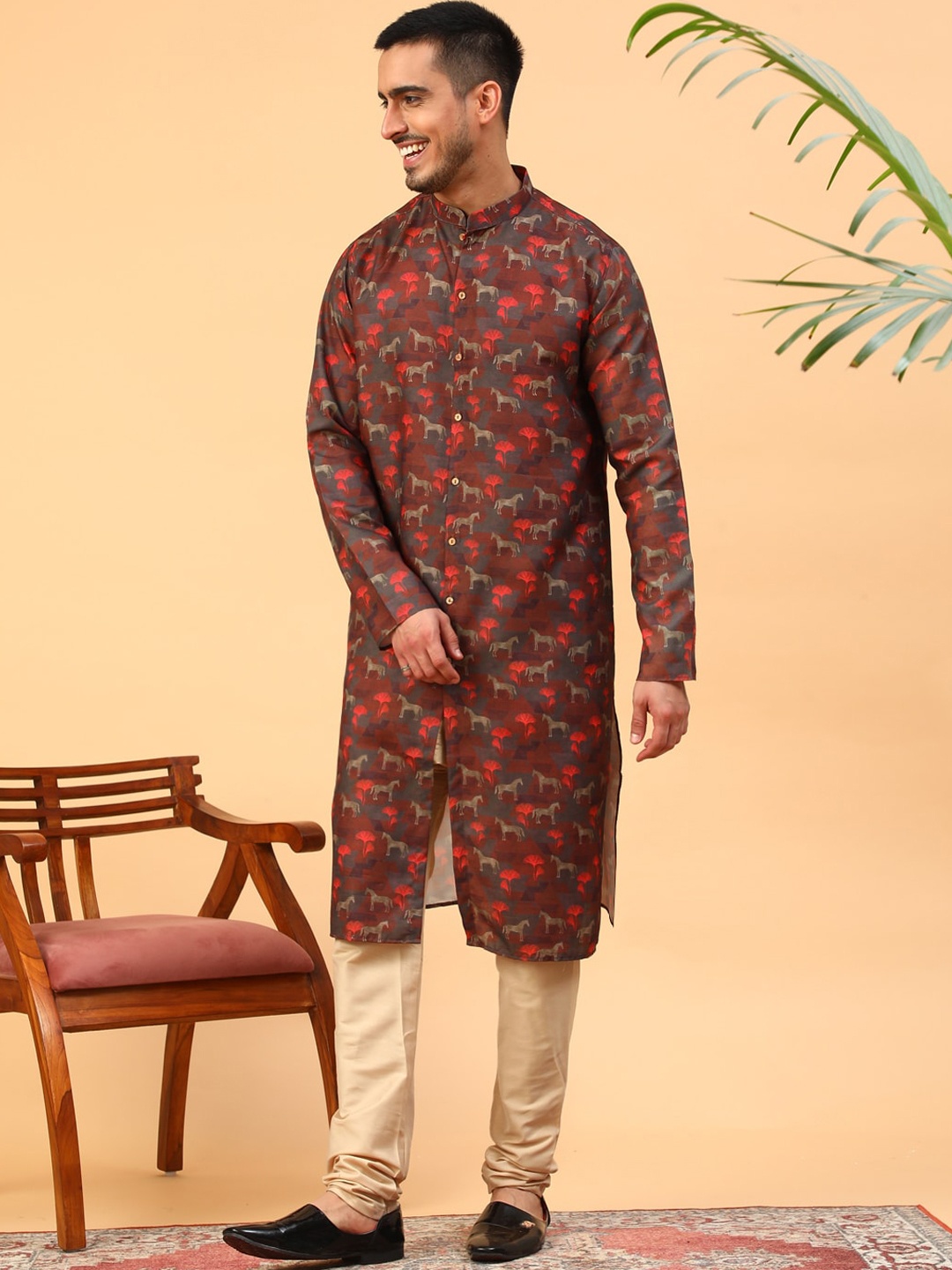 

TABARD Mandarin Collar Conversational Printed Cotton Kurta, Brown