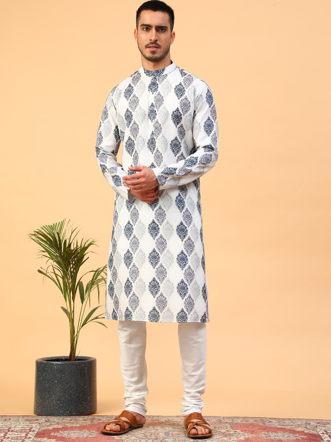 

TABARD Mandarin Collar Ethnic Motif Woven Design Cotton Kurta, Off white