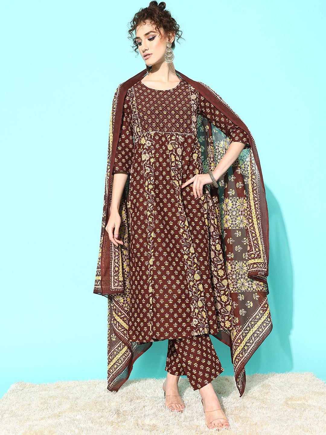 

Nayo Ethnic Motifs Printed Pure Cotton Anarkali Kurta with Trousers & With Dupatta, Brown