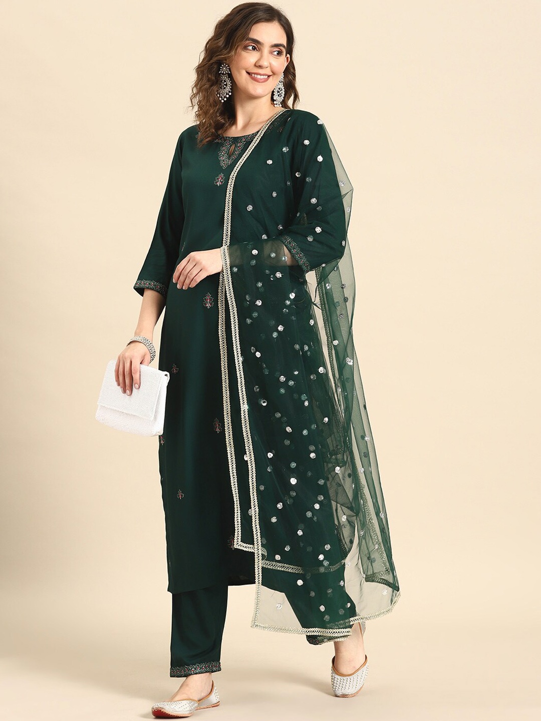 

Nayo Ethnic Motifs Yoke Design Thread Work Kurta with Palazzos & With Dupatta, Green