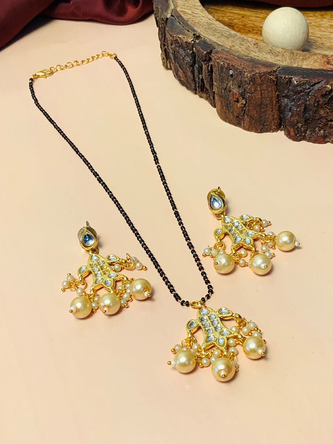 

ABDESIGNS Gold-Plated Stone-Studded & Beaded Mangalsutra With Earrings