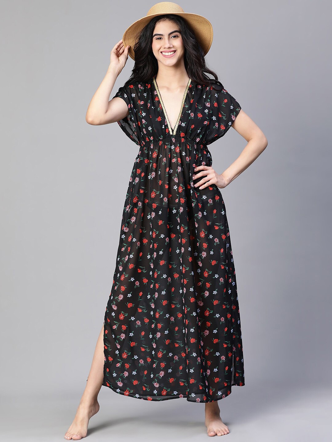 

Oxolloxo Floral Print Laced & Elasticated Slit Maxi Swimwear Cover up Top, Black