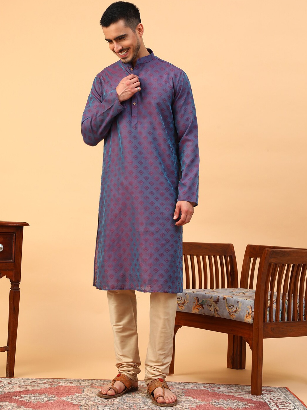 

TABARD Geometric Printed Mandarin Collar Pure Cotton Kurta With Churidar, Purple