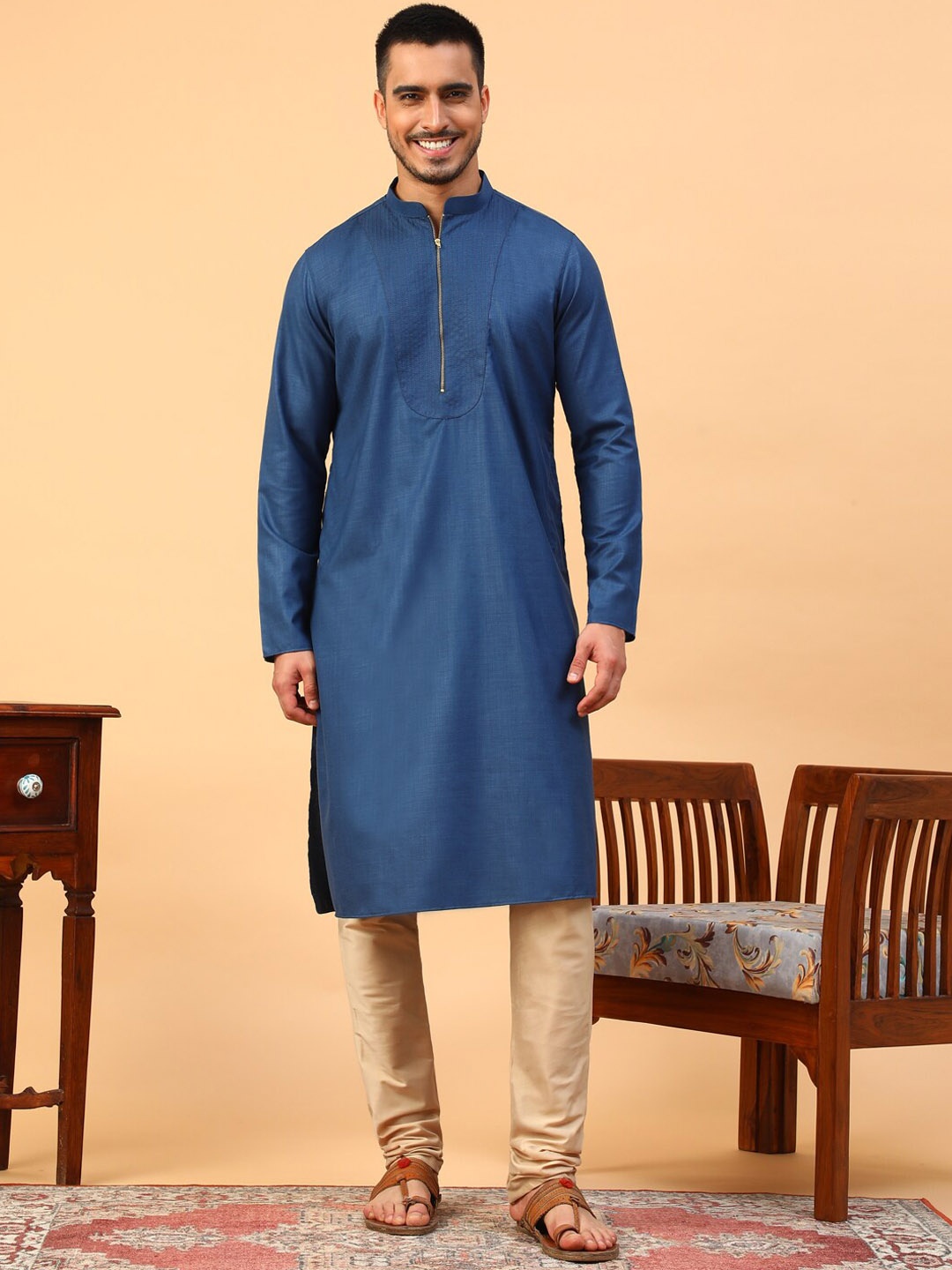 

TABARD Mandarin Collar Pure Cotton Kurta With Churidar, Blue