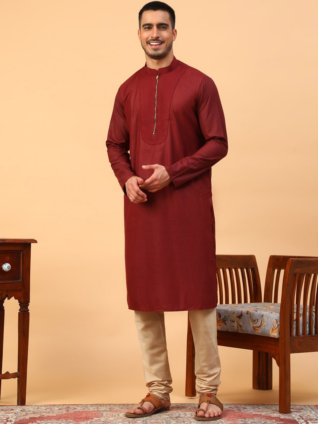 

TABARD Mandarin Collar Pure Cotton Kurta With Churidar, Maroon